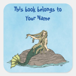 Mermaid on Rocks Bookplate Square Sticker
