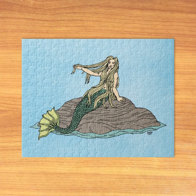 Mermaid on Rocks Jigsaw Puzzle (Mermaid on Rocks Jigsaw Puzzle on Table)