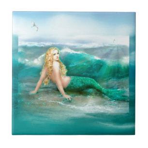 Mermaid on Shore with Aqua Waves and Seagulls Ceramic Tile