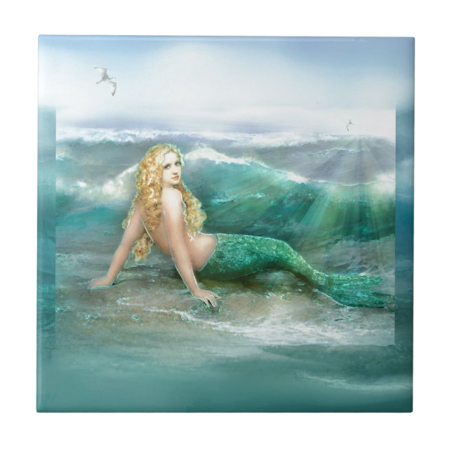 Mermaid on Shore with Aqua Waves and Seagulls Ceramic Tile (Front)