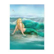 Mermaid on Shore with Aqua Waves and Seagulls