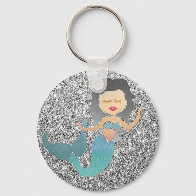 Mermaid on Silver Glitter Key Ring (Front)