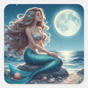 Mermaid on the beach at night square sticker