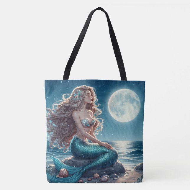 Mermaid on the beach at night tote bag (Front)