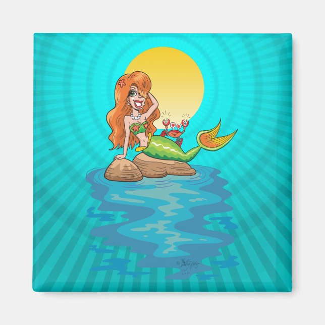 Mermaid on the Rocks with Friend under Yellow Moon Magnet (Front)