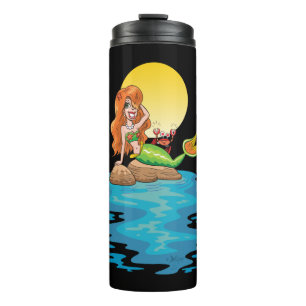 Mermaid on the Rocks with Friend under Yellow Moon Thermal Tumbler