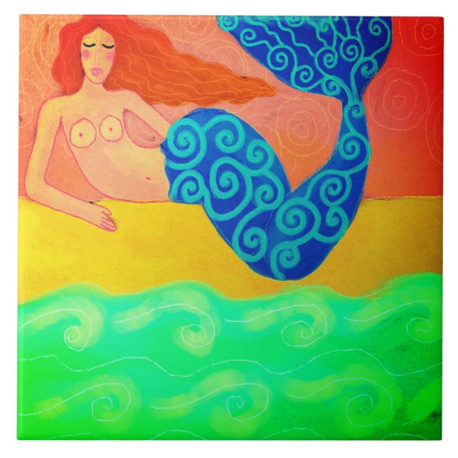 Mermaid on the Shore Abstract Painting Ceramic Tile (Front)