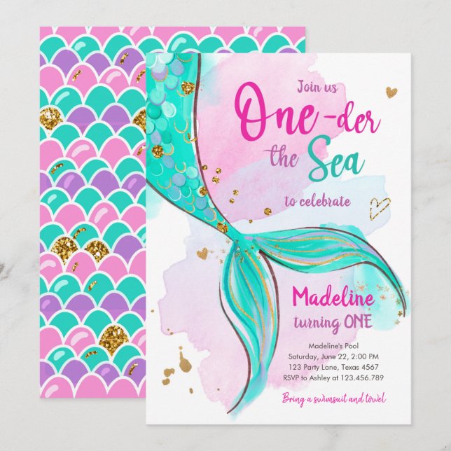 Mermaid One the Sea Pool Party Girl First Birthday Invitation (Front/Back)