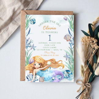 Mermaid Oneder The Sea 1st Birthday Girl Party Invitation