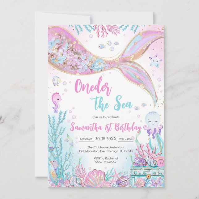 Mermaid Oneder the Sea 1st Birthday Invitation (Front)