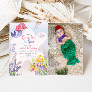 Mermaid Oneder The Sea 1st Birthday Party Photo Invitation
