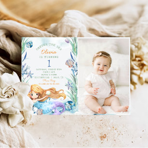 Mermaid Oneder The Sea 1st Birthday Party Photo Invitation