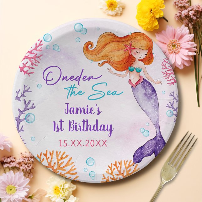 Mermaid Oneder The Sea Girl 1st Birthday Party Paper Plate (Creator Uploaded)