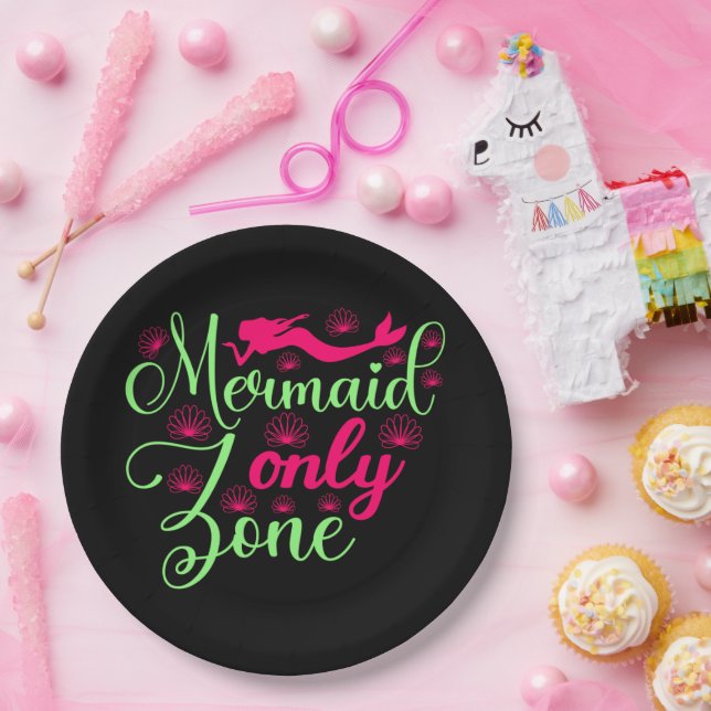 Mermaid Only Zone in Hot Pink and Neon Green Paper Plate (Party)