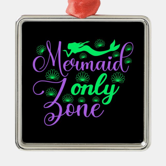 Mermaid Only Zone in Neon Green and Purple Metal Ornament (Front)