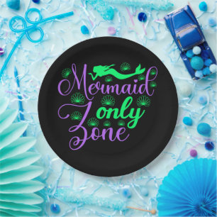 Mermaid Only Zone in Neon Green and Purple Paper Plate
