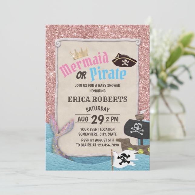 Mermaid or Pirate Rose Gold Glitter Baby Shower Invitation (Standing Front)