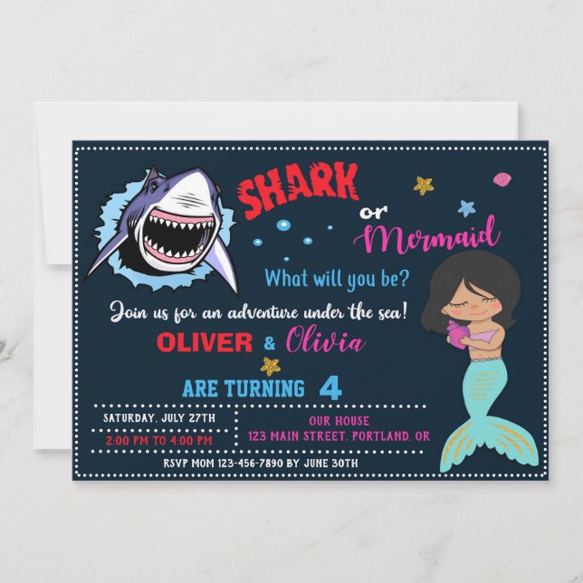 Mermaid or Shark birthday invitation Shark attack (Front)