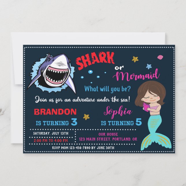 Mermaid or Shark birthday invitation Under the sea (Front)