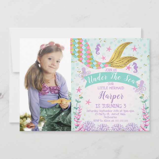 Mermaid Or Under The Sea Photo Birthday invitation (Front)