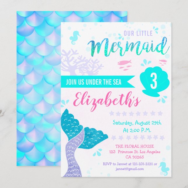 Mermaid or Under The Sea Splash Aqua Teal Birthday Invitation (Front/Back)