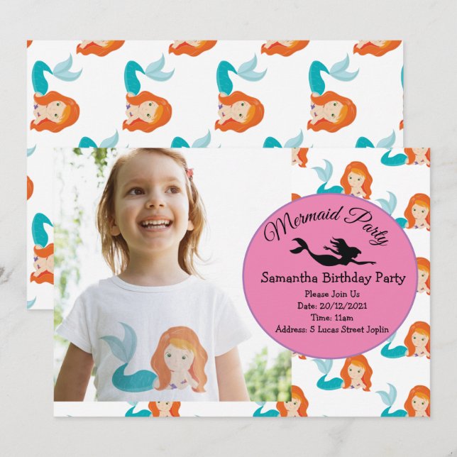 Mermaid Orange Birthday Party Invitation (Front/Back)