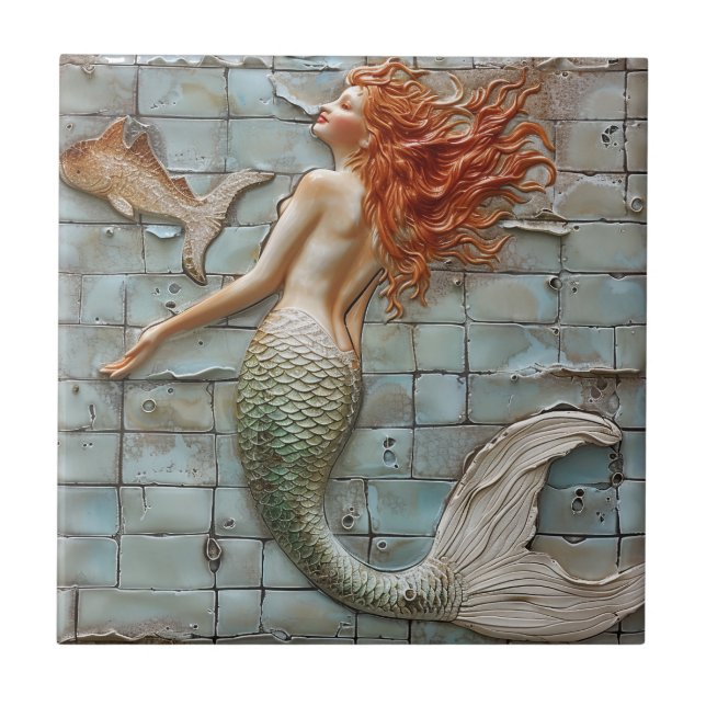 Mermaid Orange Hair Mosaic 3D Effect Ceramic Tile (Front)