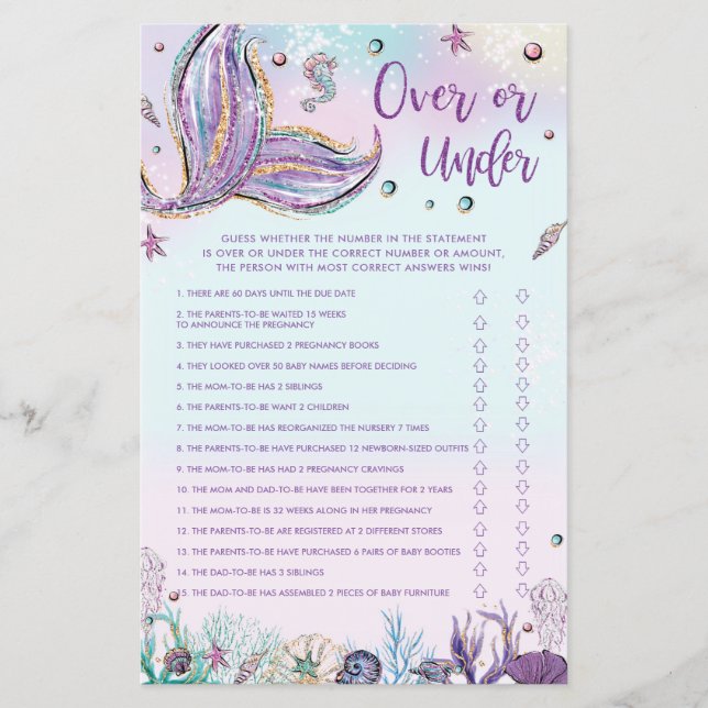 Mermaid Over or Under Game Baby Shower Activity (Front)