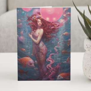 Mermaid  Painting Birthday Balloons Pink Card