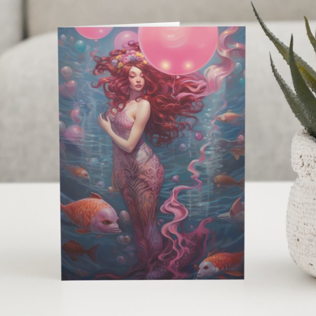 Mermaid  Painting Birthday Balloons Pink Card (Creator Uploaded)