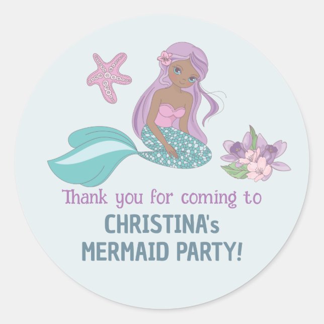 Mermaid Party Black Girl Birthday Pastel Teal Classic Round Sticker (Front)