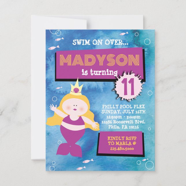 Mermaid Party Blue Tie Dye Sea Life Birthday Party Invitation (Front)