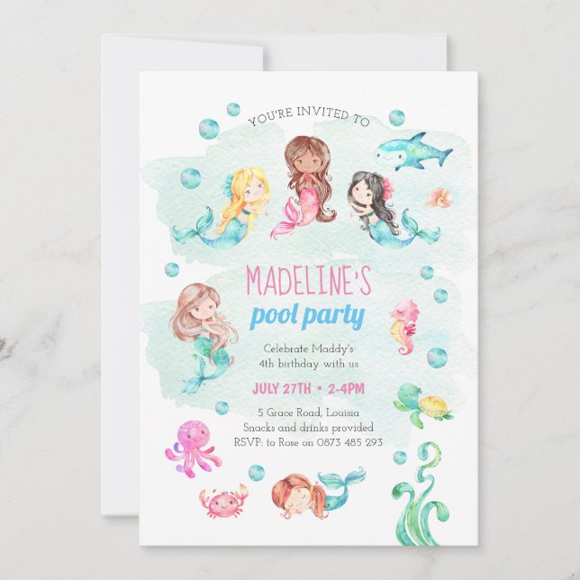 Mermaid party invitation, birthday pool party invitation (Front)