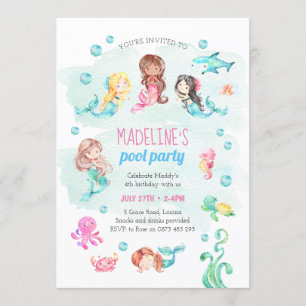Mermaid party invitation, birthday pool party invitation