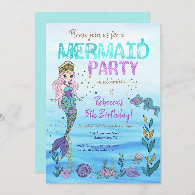 Mermaid Party Purple Teal Glitter Birthday Invitation (Front/Back)