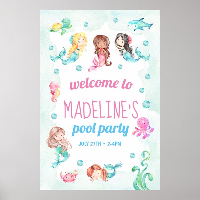 Mermaid party sign, mermaid welcome sign poster (Front)
