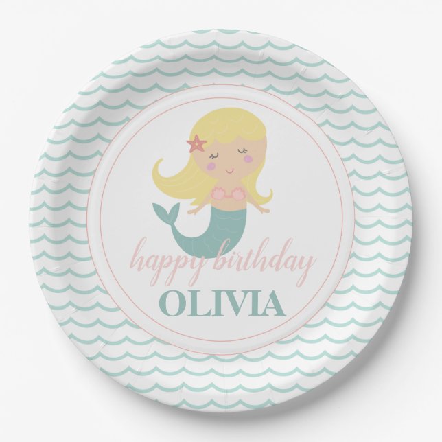 Mermaid Pastel Pink birthday Party Paper Plate (Front)
