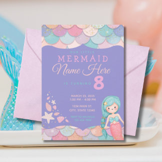 Mermaid Pastel Pink Purple Teal Girl's Birthday Invitation