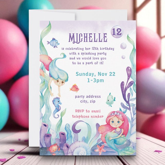 Mermaid Pastel Watercolor Birthday Invitation (Creator Uploaded)
