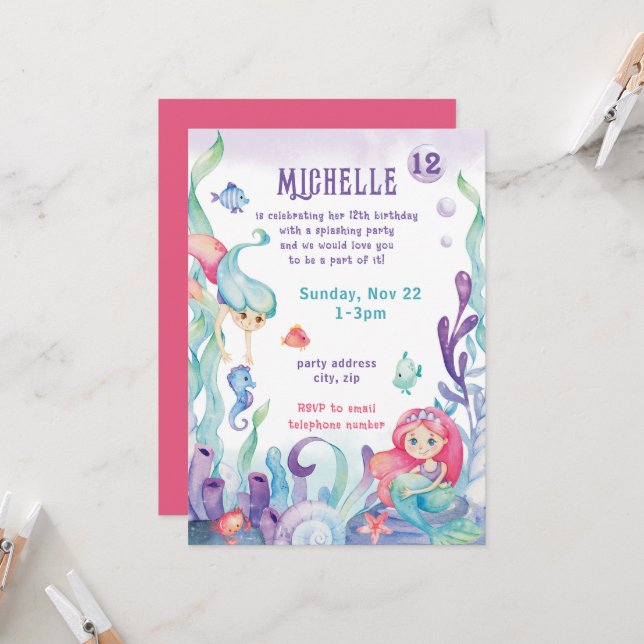 Mermaid Pastel Watercolor Birthday Invitation (Front/Back In Situ)