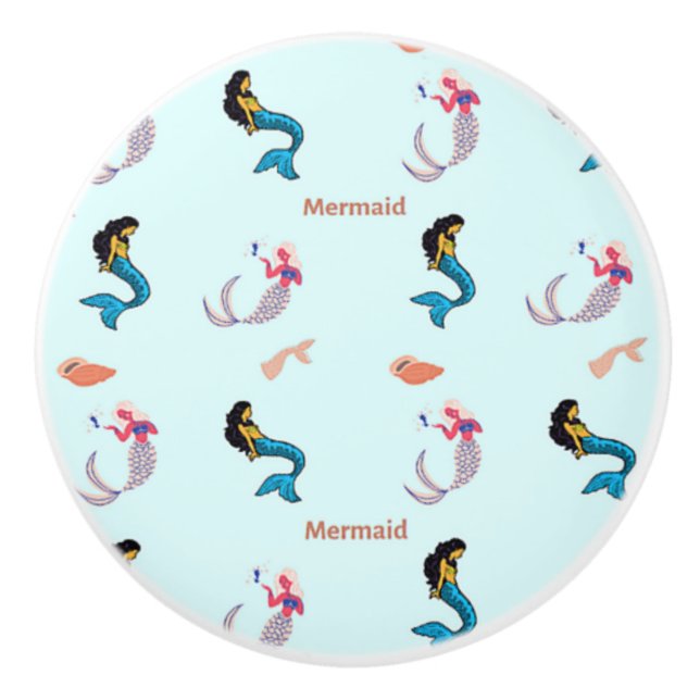 Mermaid pattern on blue ceramic knob (Front)