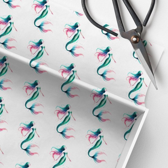 Mermaid Pattern Tissue Paper (Mermaid tissue paper in pattern watercolor shades of pink, blue and green)