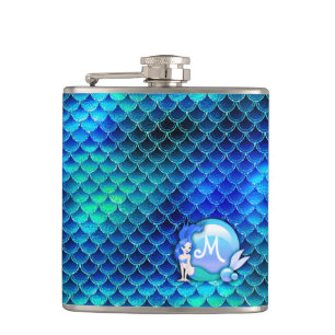 Mermaid Pearls and Scales Monogram Blue ID600 Hip Flask
