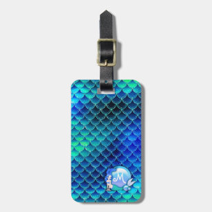 Mermaid Pearls and Scales Monogram Blue ID600 Luggage Tag