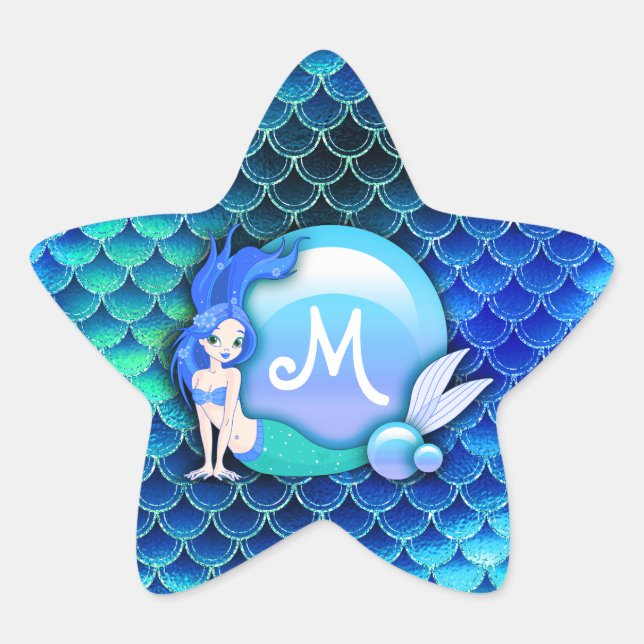 Mermaid Pearls and Scales Monogram Blue ID600 Star Sticker (Front)
