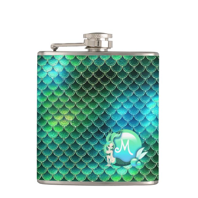 Mermaid Pearls and Scales Monogram Green ID600 Hip Flask (Front)