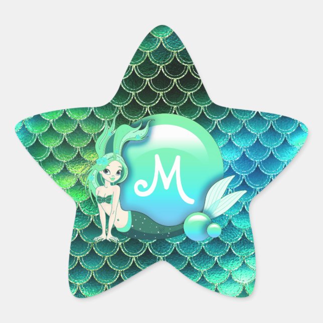 Mermaid Pearls and Scales Monogram Green ID600 Star Sticker (Front)