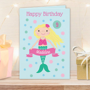 Mermaid Personalised Age & Name Cute Birthday Card