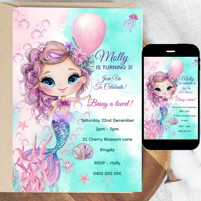 Mermaid Personalised Birthday Invitation (Personalized Watercolor Mermaid Birthday Invitation | Editable Text | Digital or Printed | Coloring )