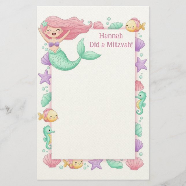 Mermaid Personalised Mitzvah Note Stationery (Front)